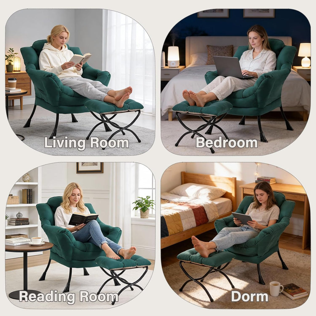 Modern Lazy Chair with Ottoman, Comfy Accent Reading Chair, Dark Green