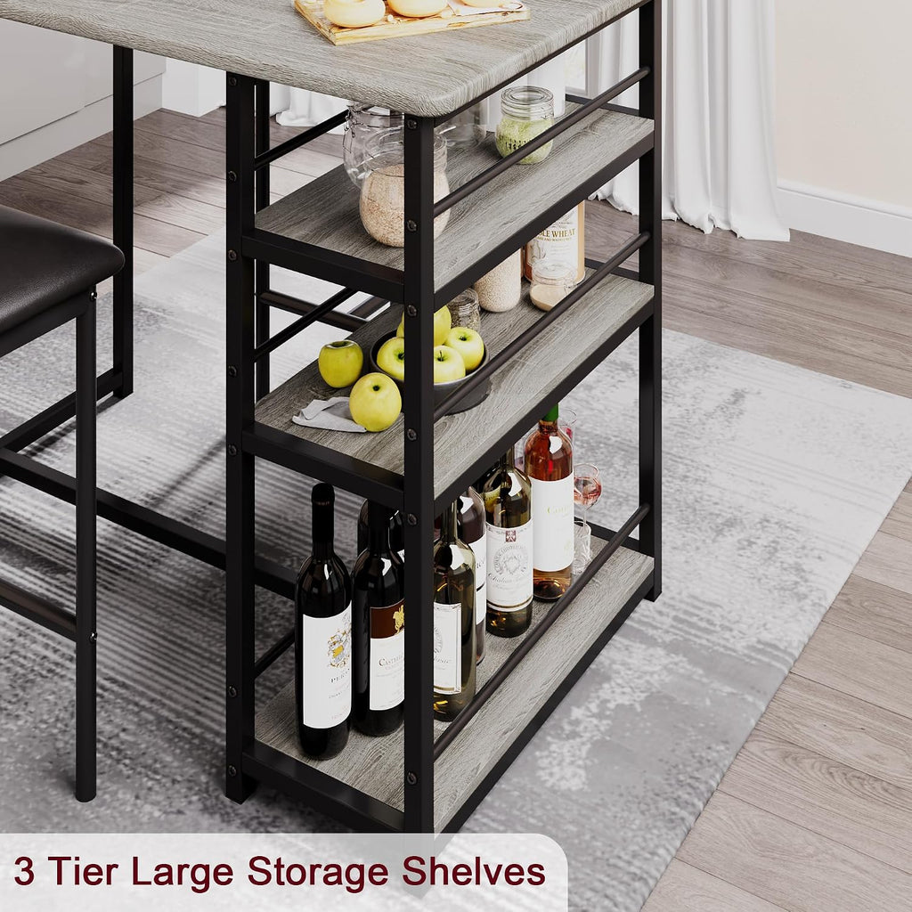 CABIHOME Dining Table Set for 2, Kitchen Table and Upholstered Chairs for 2, 3 Piece Counter Height Bar Table Set with 3 Large Storage Shelves for Small Space, Apartment, Studio, Rustic Gray