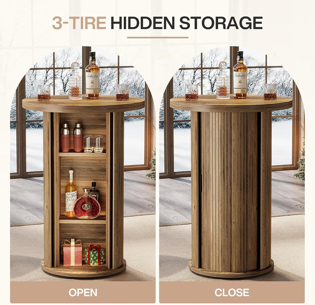 Tribesigns Round Bar Table, 35.4" Rustic Cocktail Table with 3-Tier Hidden Storage Shelves, High Top Bistro Pub Table with Slide Door for Small Spaces, Kitchen, Parties (1, Brown)