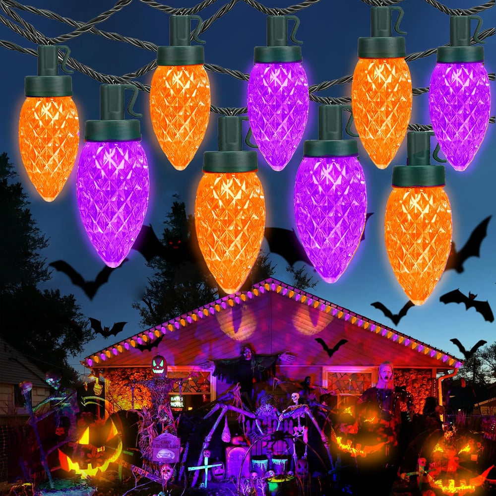 2PK 100 LED 86FT Connectable C9 Halloween Lights Outdoor, Purple and Orange