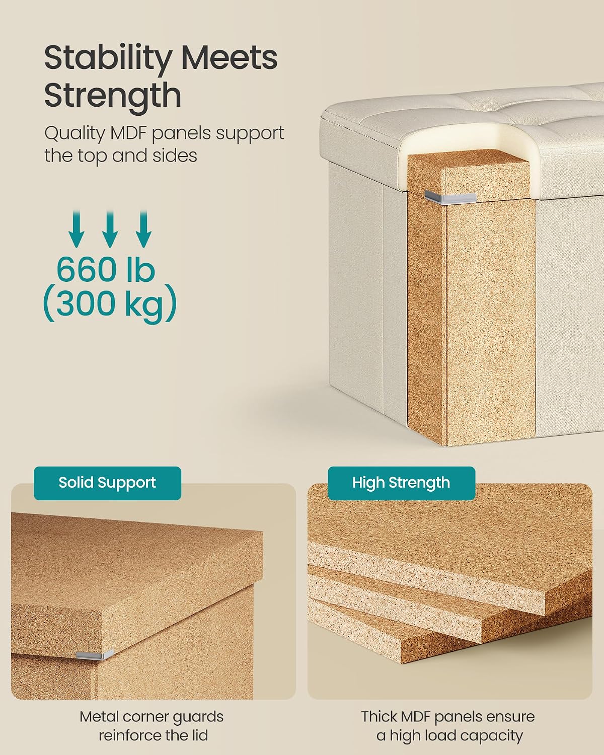SONGMICS 43.3 Inches Folding Storage Ottoman Bench, Load 660 lb