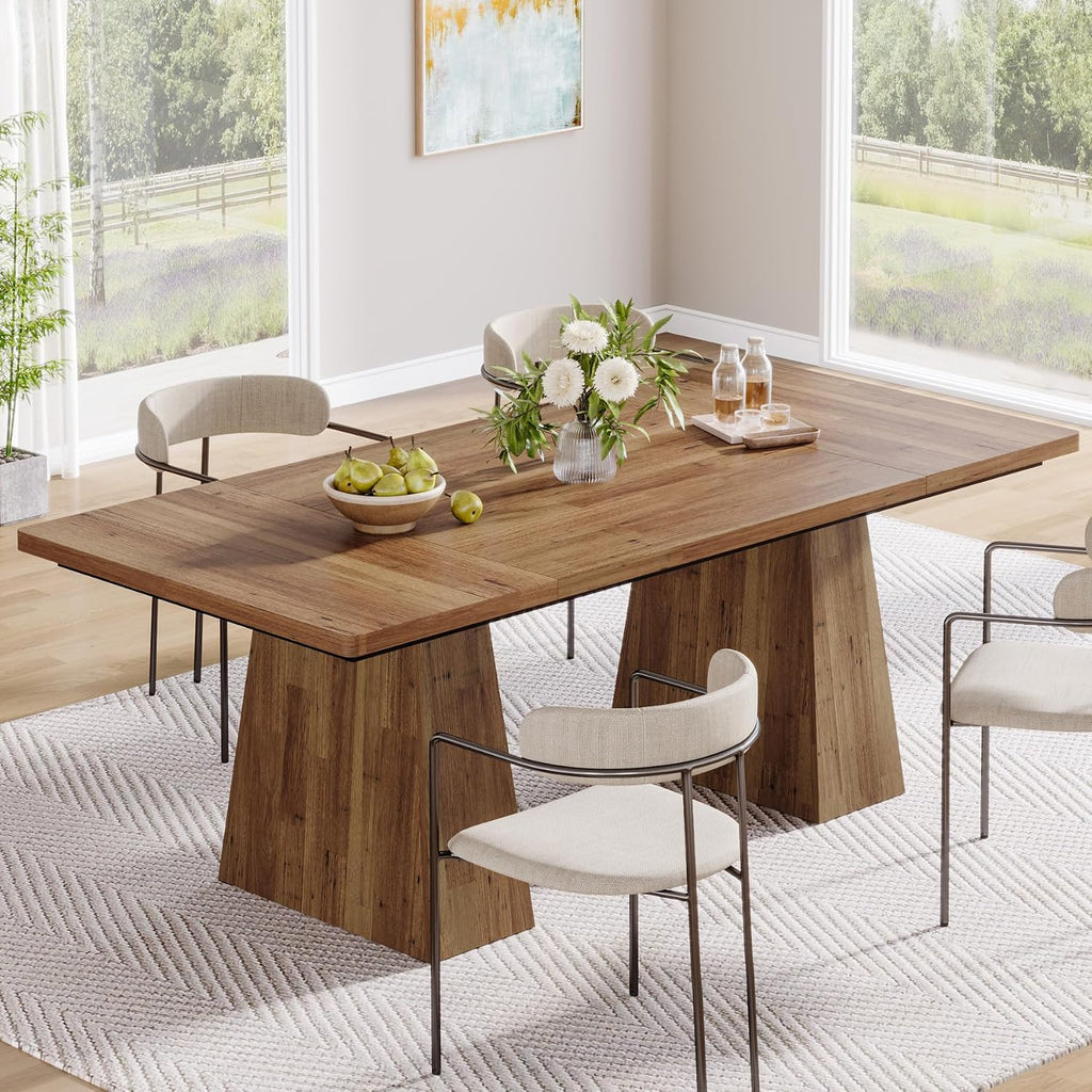 Tribesigns Dining Table for 6, Farmhouse Wood Dinner Rectangular Table Kitchen Table with Double Pedestal, 63" L x 31.5" W x 30" H, Light Brown