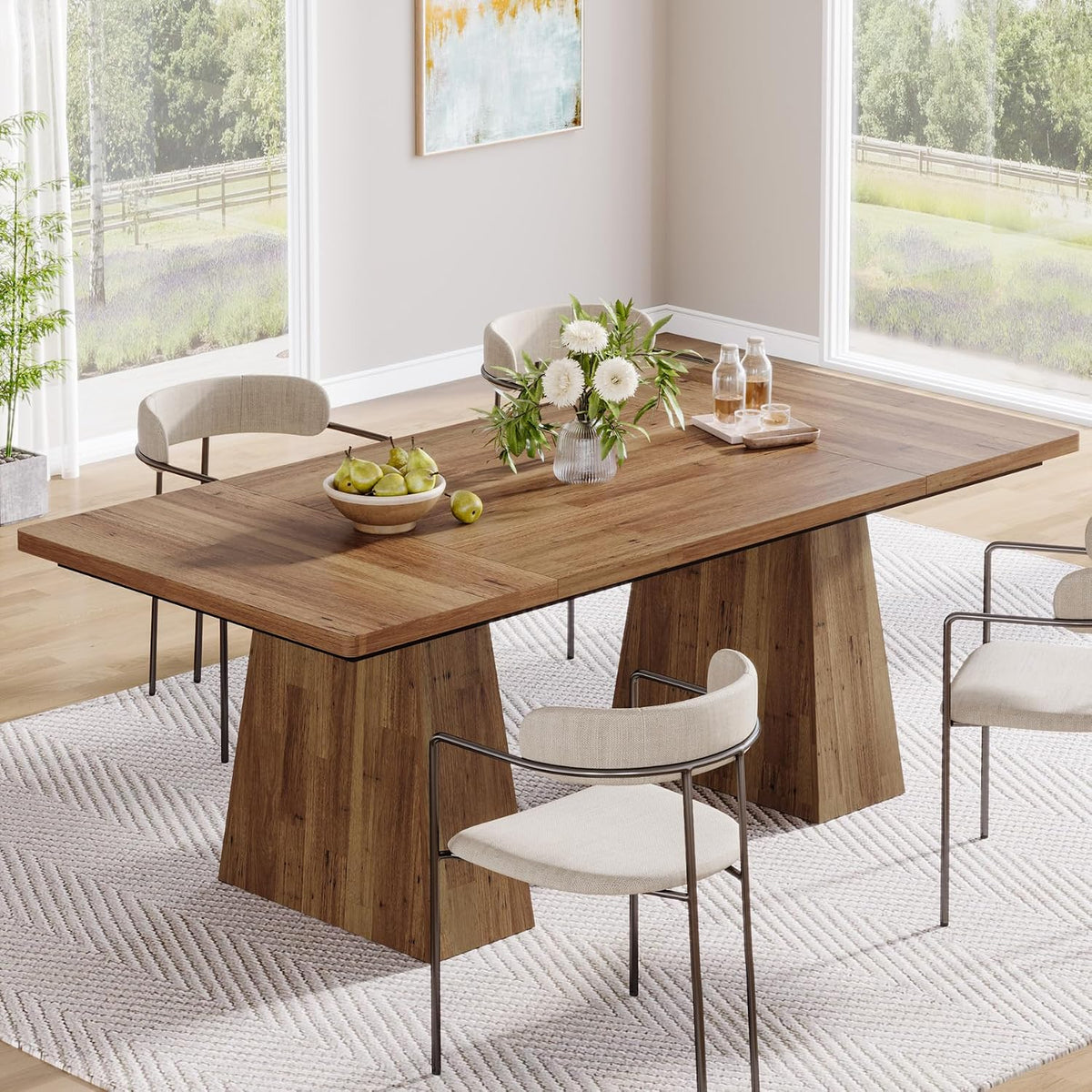 Tribesigns Dining Table for 6, Farmhouse Wood Dinner Rectangular Table Kitchen Table with Double Pedestal, 63" L x 31.5" W x 30" H, Light Brown