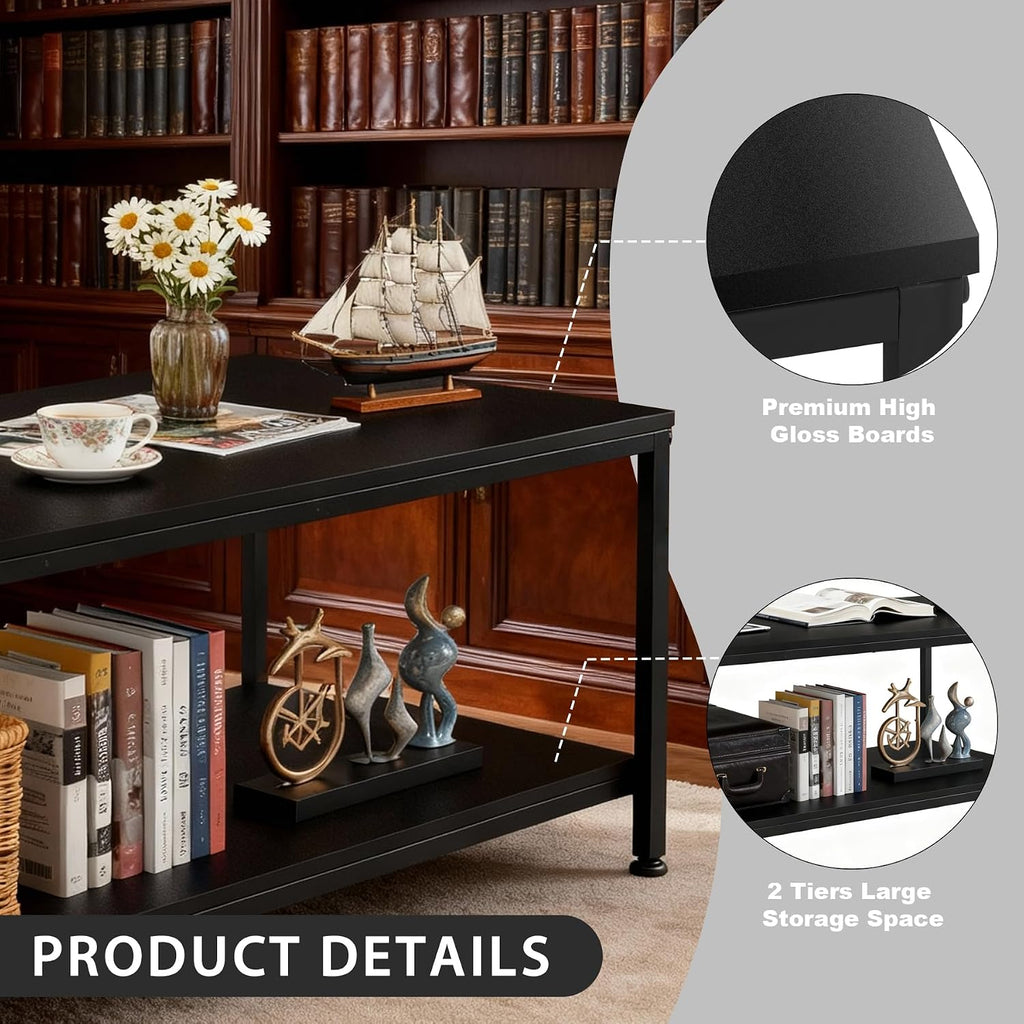 SUPER DEAL 2-Tier Industrial Coffee Table with Storage Shelf for Small Apartment Living Room, Rectangle Wood and Stable Metal TV Stand Side End Table, Black
