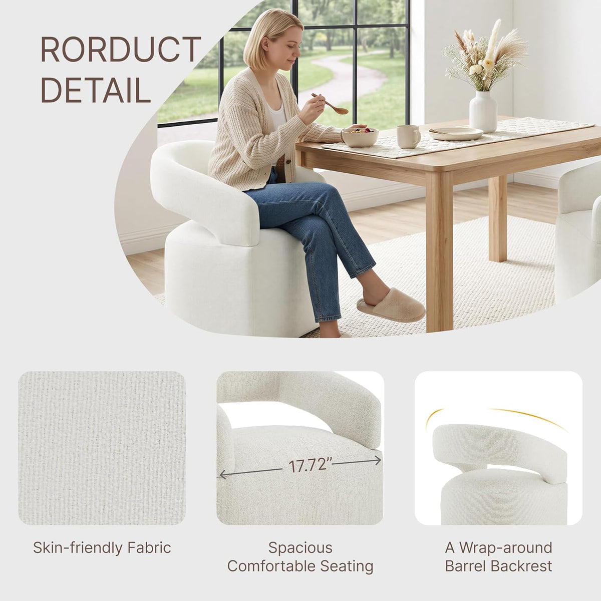 KISLOT Upholstered Dining Chairs Set of 4, Modern Arm Kitchen & Dining Room Chairs with Hidden Casters, Linen Fabric Padded Rolling Chairs, Sturdy Wood Frame, 300 lbs Capacity, Ivory White