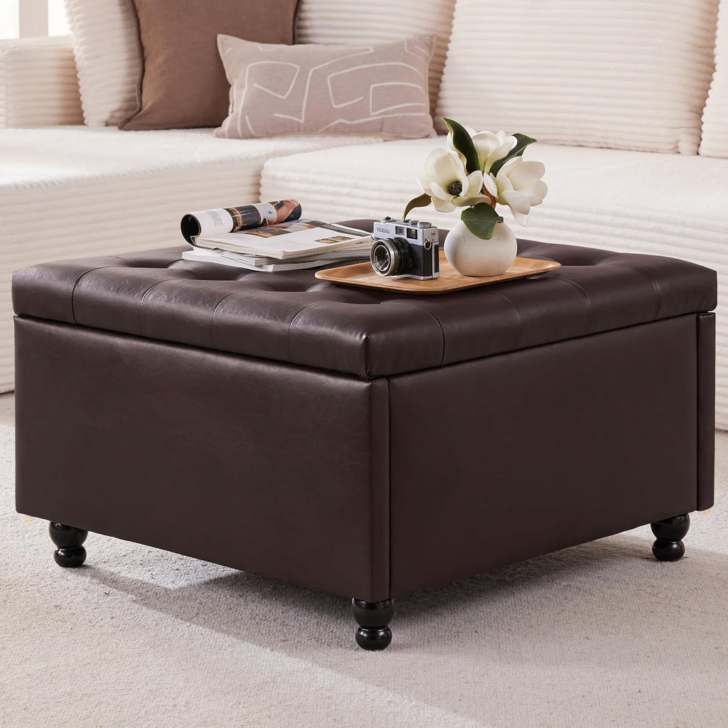 28" Large Square Ottoman with Storage, Leather Ottoman Coffee Table, Brown