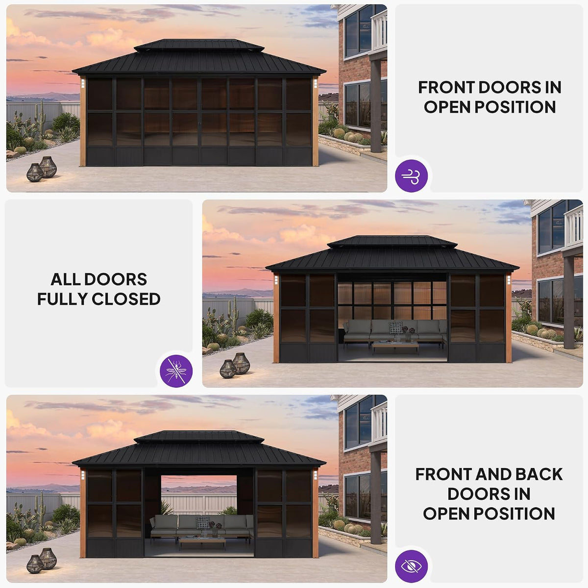 PURPLE LEAF Outdoor Sunroom Gazebo 12' x 18' with Light, Sliding Doors