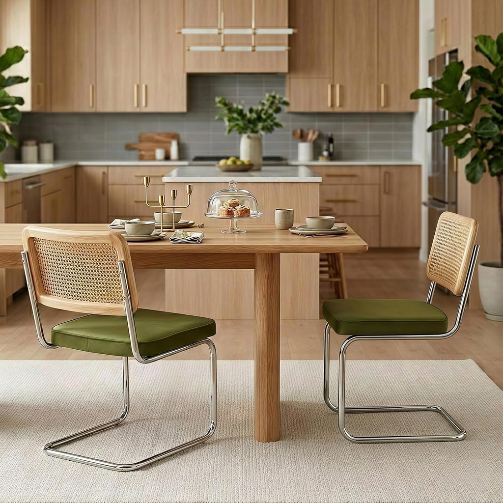 Rattan Dining Chairs Set of 6,Velvet Cushion Kitchen Cesca Chairs,Green