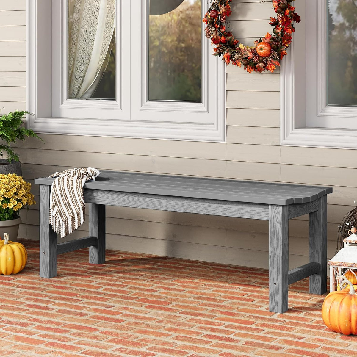 Outdoor Bench, 2-Person Patio Backless Bench Holds up to 800lbs, Weatherproof Garden Bench that Never Rot and Fade, Suit for Backyard, Porch, Patio, Deck and Entryway (Grey)