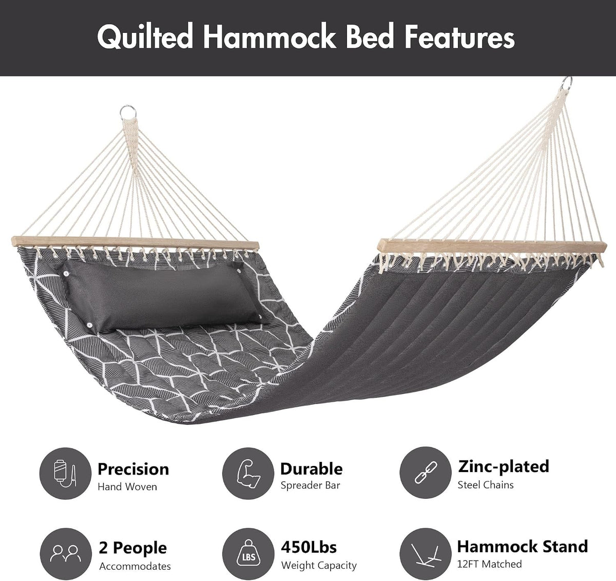 ANOW Double Quilted Hammock with Spreader Bars and Large Pillow, Gray Cube