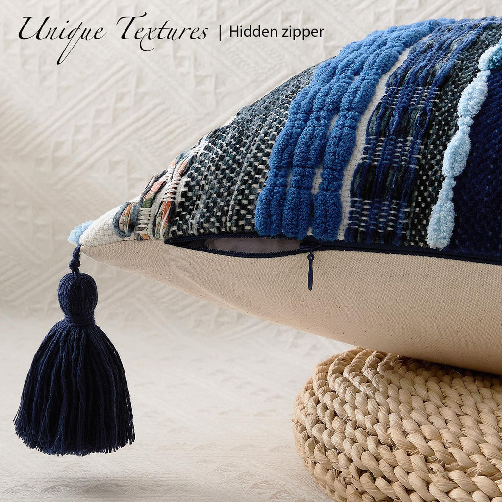 Kevin Textile Boho Tufted 14x36 Inch Lumbar Pillow Cover 1 Pack, Blue