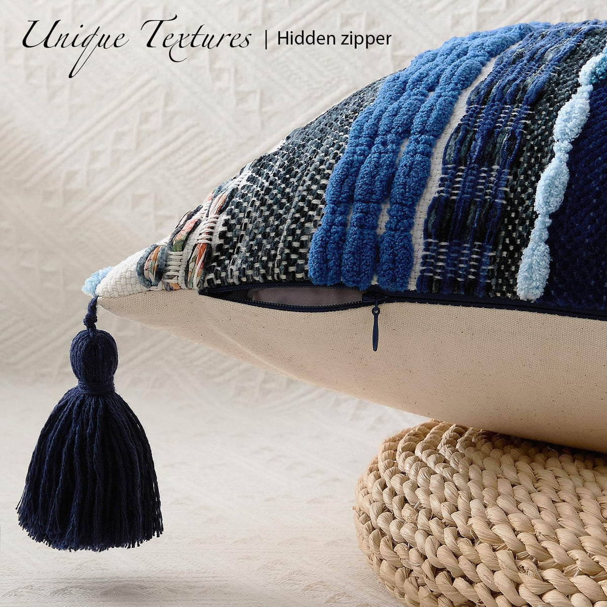 Kevin Textile Boho Tufted 14x36 Inch Lumbar Pillow Cover 1 Pack, Blue