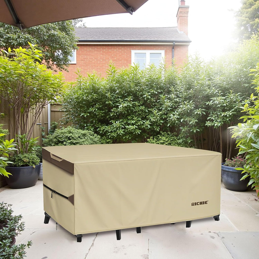 RICHIE Outdoor Patio Furniture Cover - Heavy Duty Waterproof 600D Tough Canvas Protector for Rectangular Table Cover, All-Season Dining Table and Chair Covers (96L x 44W x 28H Inch)