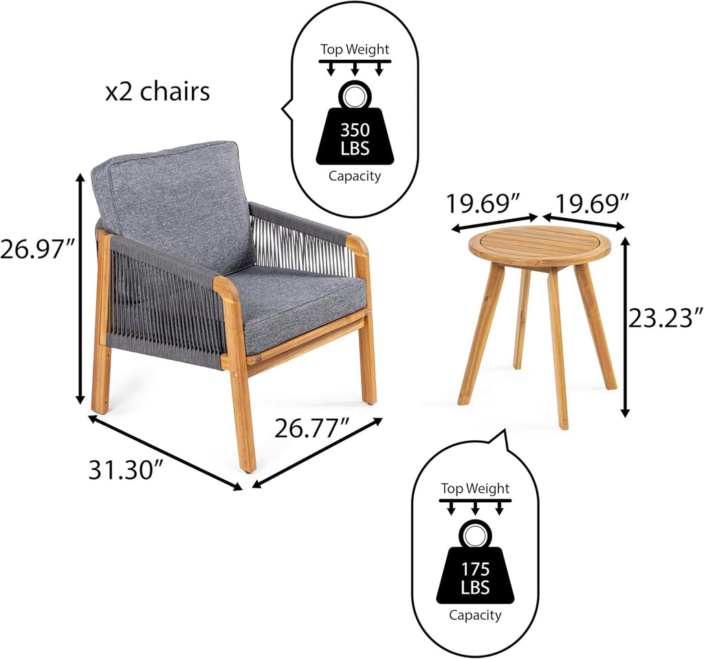 JONATHAN Y Aveiro 3-Pc Acacia Patio Conversation Set, Teak Brown/Gray