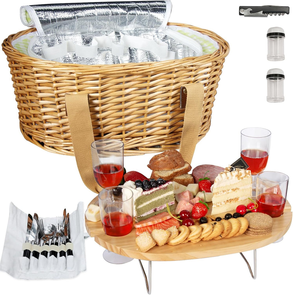 Hap Tim Wicker Picnic Basket Set for 4 with Mini Folding Wine Picnic Table & Large Insulated Cooler Bag & Cutlery Service Kits for 4 Person, Couples Gifts, Wedding Gifts (Y2209-4-GR)