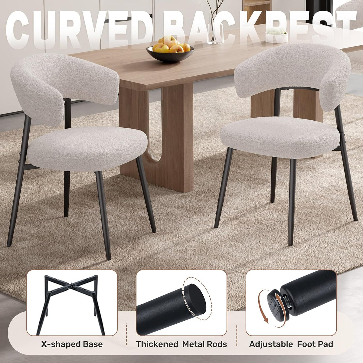 Dining Chairs Set of 2, Mid Century Modern Kitchen Chairs, Boucle Upholstered Dining Chair with Curved Backrest & Metal Legs for Kitchen Dining Room, White