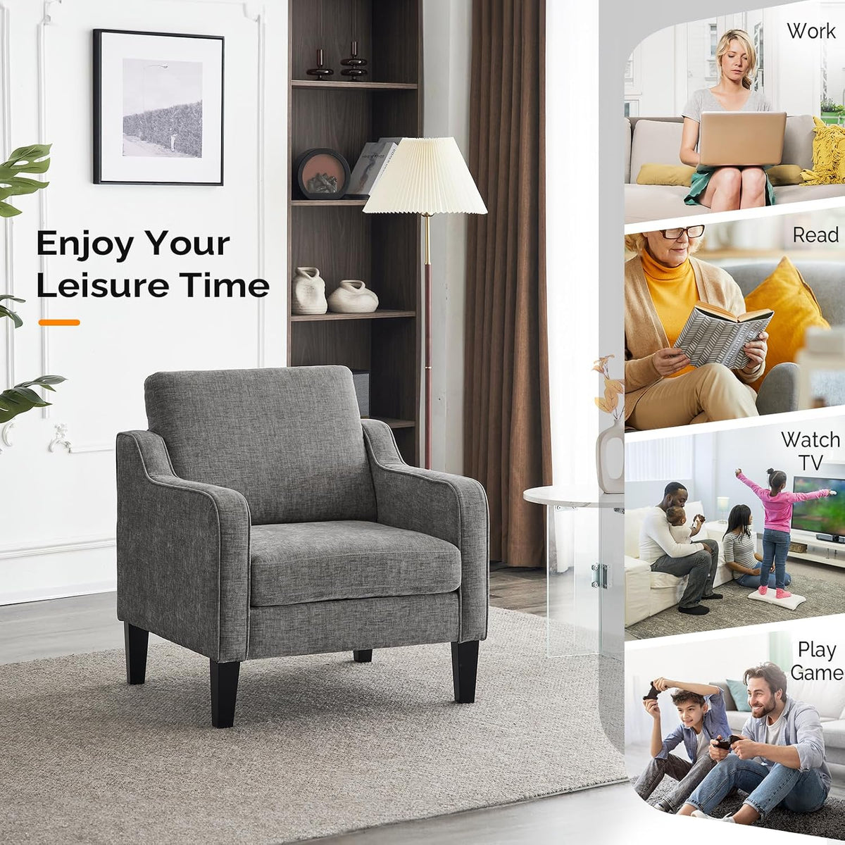 VINGLI Light Grey Accent Chair, Chenille Fabric Armchair for Living Room