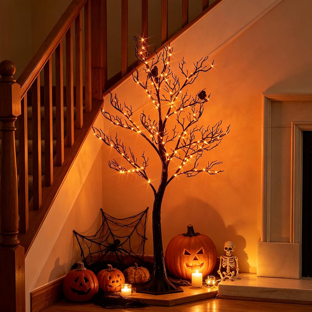 Hairui Lighted Halloween Tree with 150 Orange Fairy Lights 4FT, Spooky Black ...