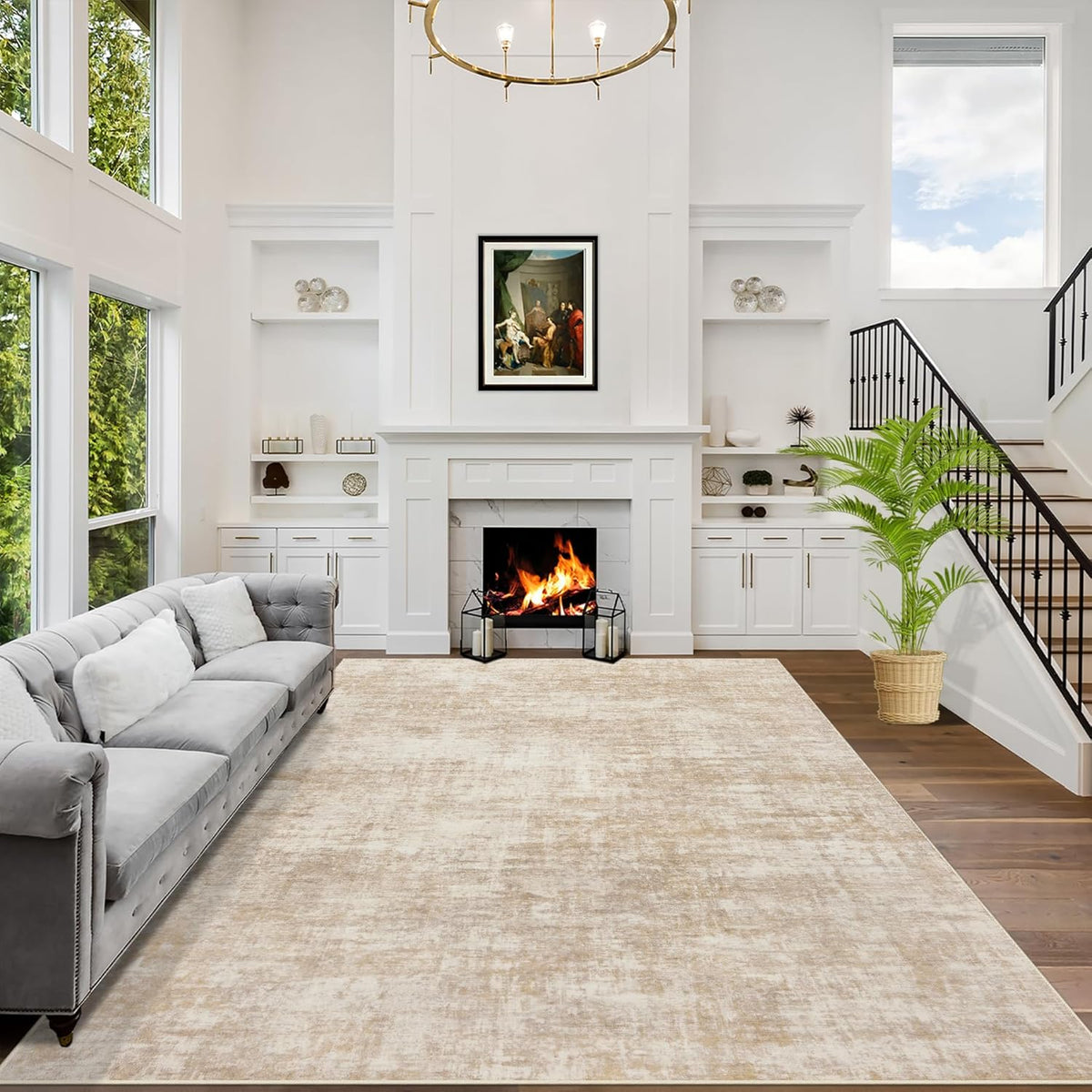9x12 Area Rugs for Living Room: Washable Abstract Beige Badroom Carpet