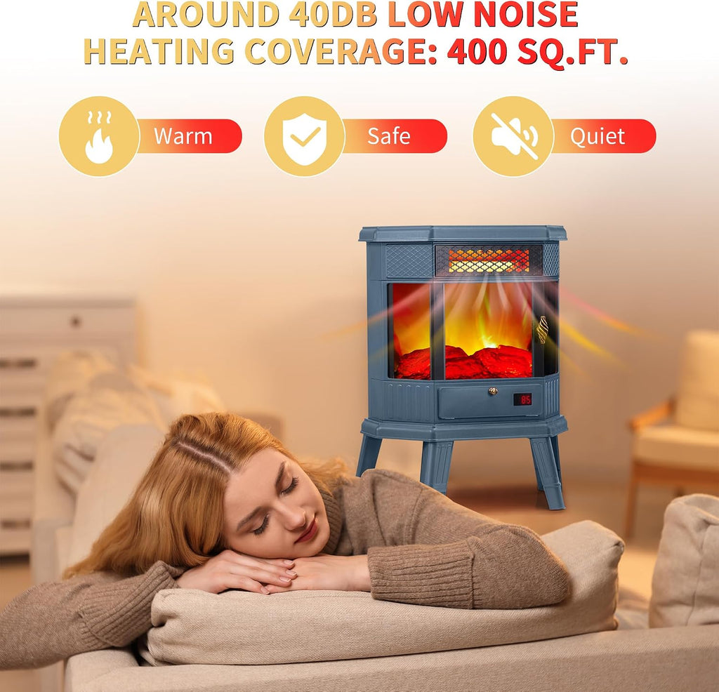 RealSmart Electric Fireplace Heater 22 in Freestanding Fireplace Stove Infrared Fireplace with 3D Flame Effect Remoted Control, Timer, Overheating Protection (Blue)