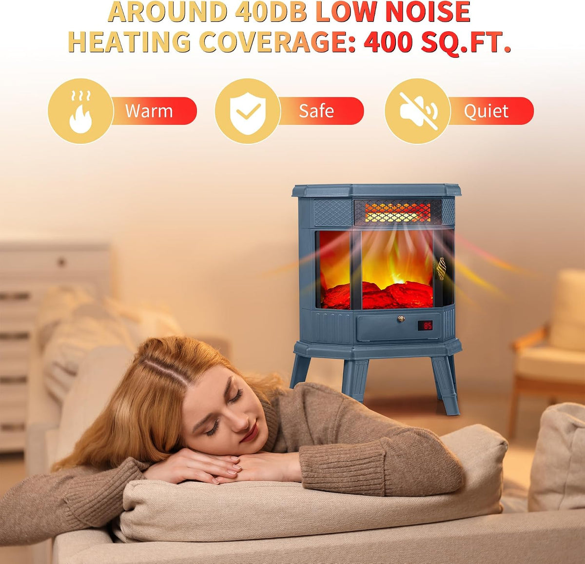 RealSmart Electric Fireplace Heater 22 in Freestanding Fireplace Stove Infrared Fireplace with 3D Flame Effect Remoted Control, Timer, Overheating Protection (Blue)