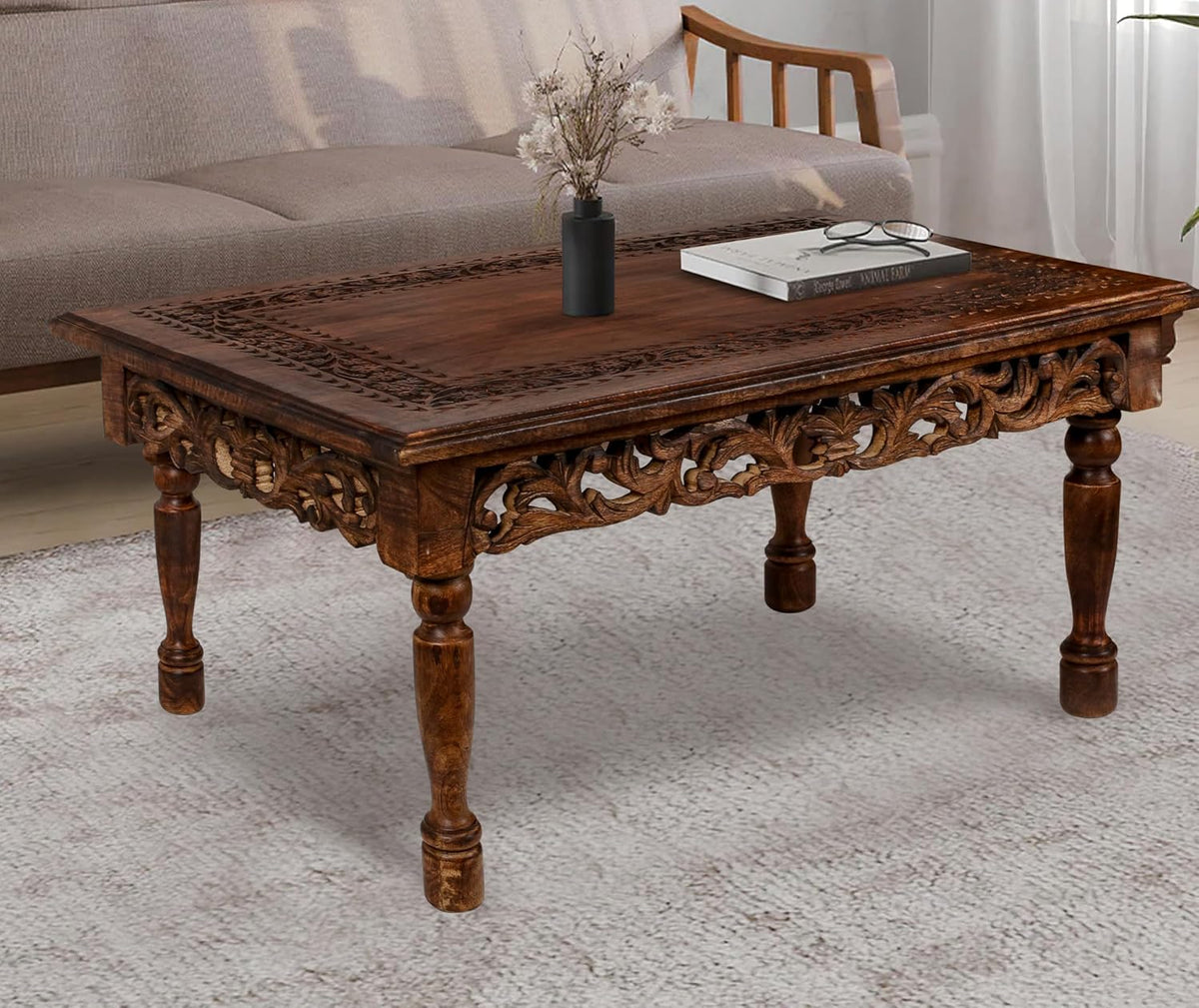 Farmhouse Coffee Table, Jali Carving, 36x24x18 in, Burnt