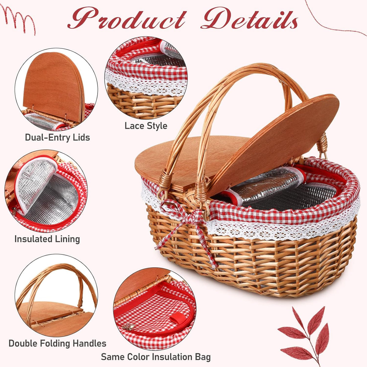 DoubleFill Wicker Insulated Picnic Basket with Lid, Cooler Bag,Red Plaid