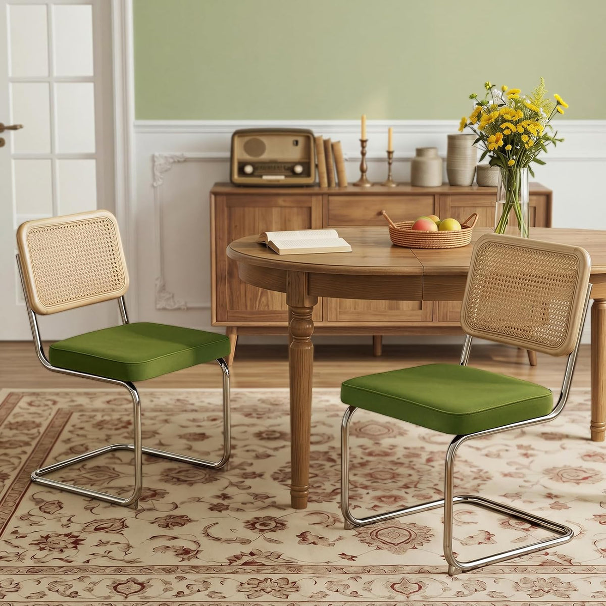 Rattan Dining Chairs Set of 2,Velvet Cesca Chair Kitchen Chair,Olive Green