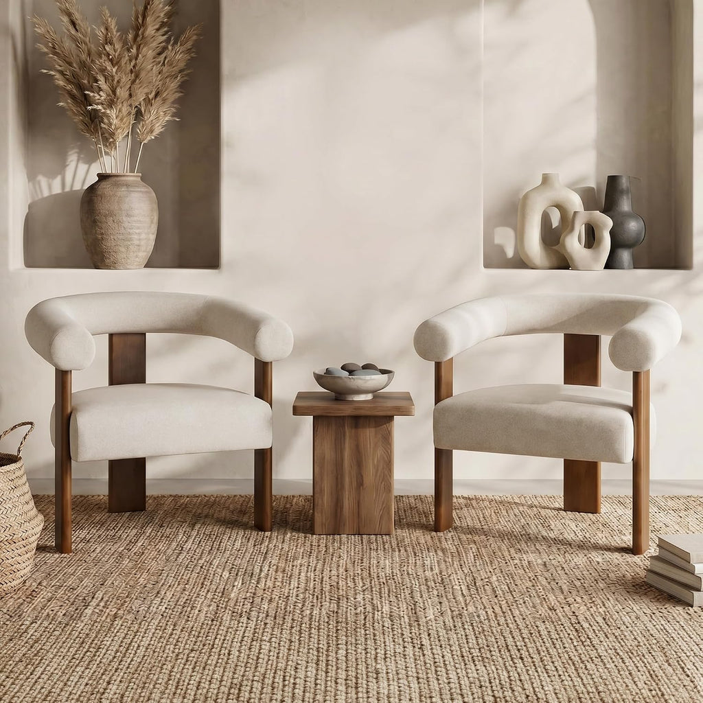 Usaint Upholstered Barrel Accent Chair Set of 2 with Walnut Wood Legs