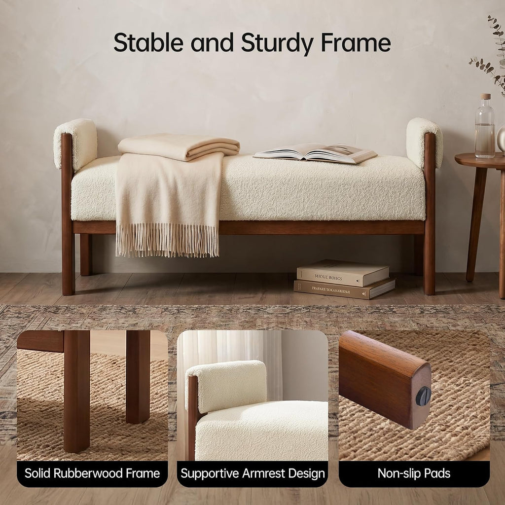 VKNOW 51.8”End of Bed Bench Upholstered Bedroom Bench with Arms, Beige