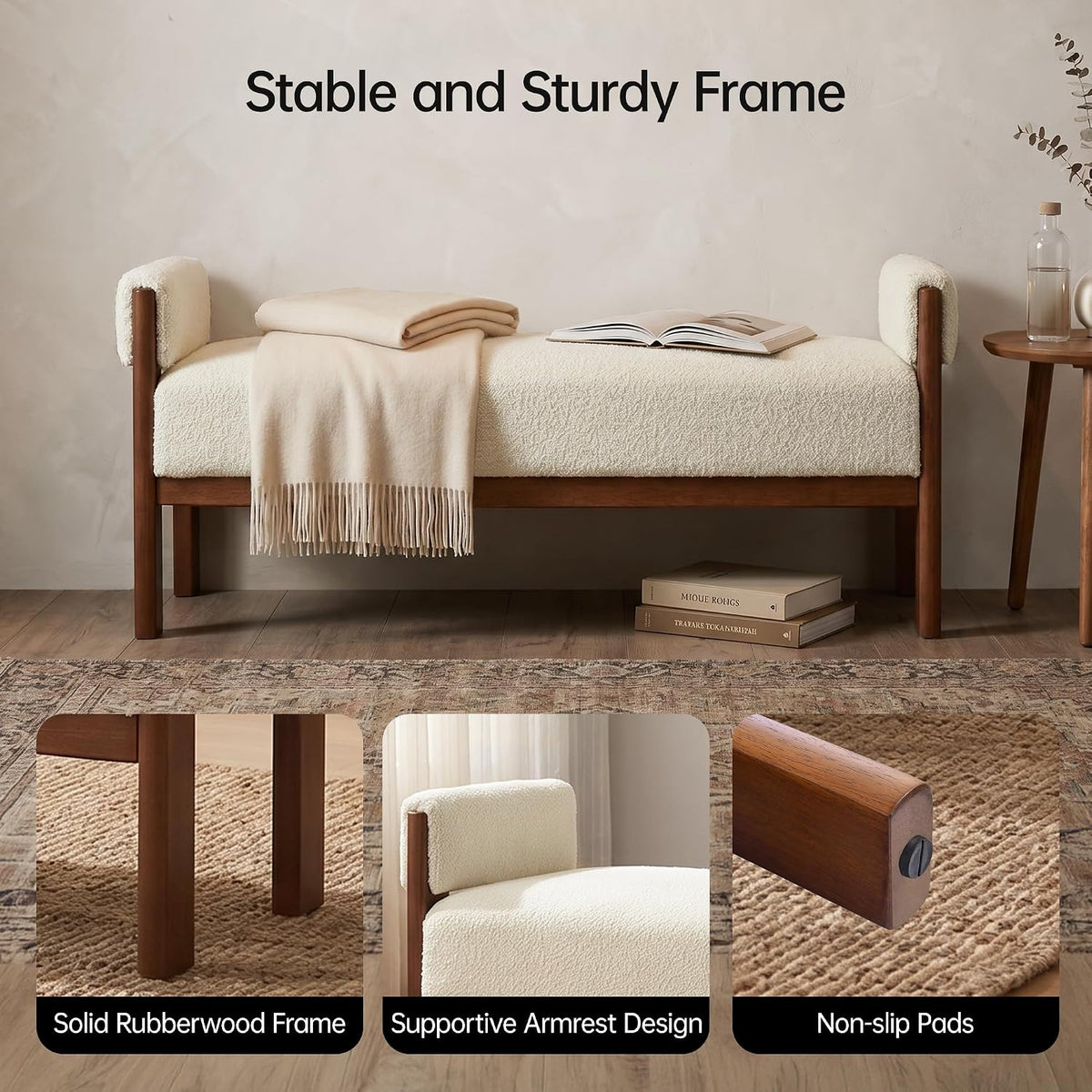 VKNOW 51.8”End of Bed Bench Upholstered Bedroom Bench with Arms, Beige