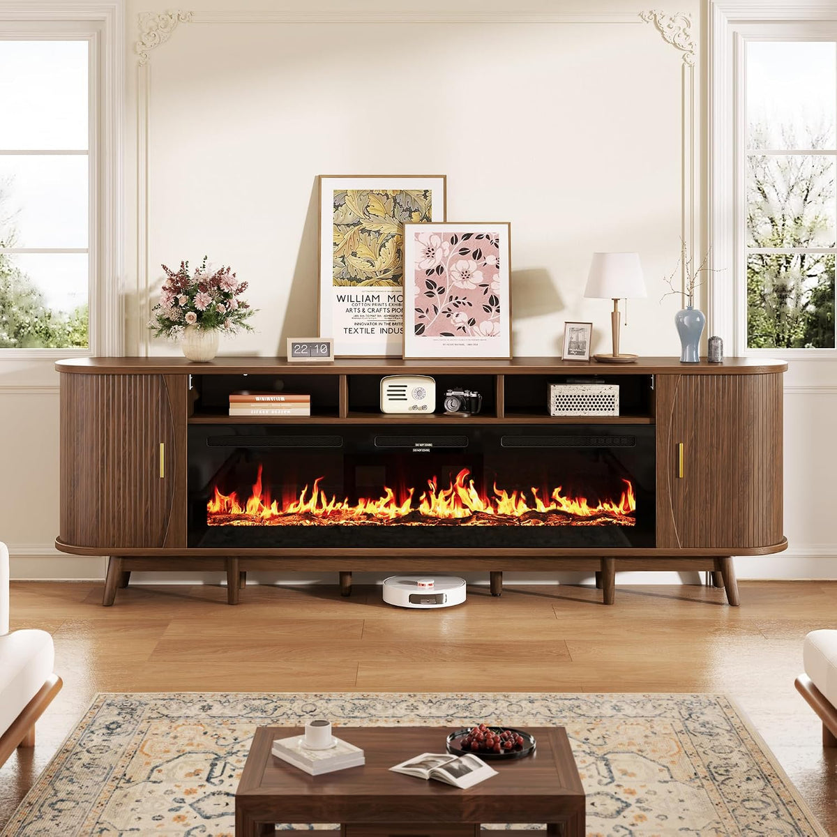 97" Fireplace TV Stand for 100" TV, Mid Century Modern Entertainment Center with 60" Electric Fireplace, Media Console with Sliding Doors & Adjustable Shelves for Living Room, Walnut