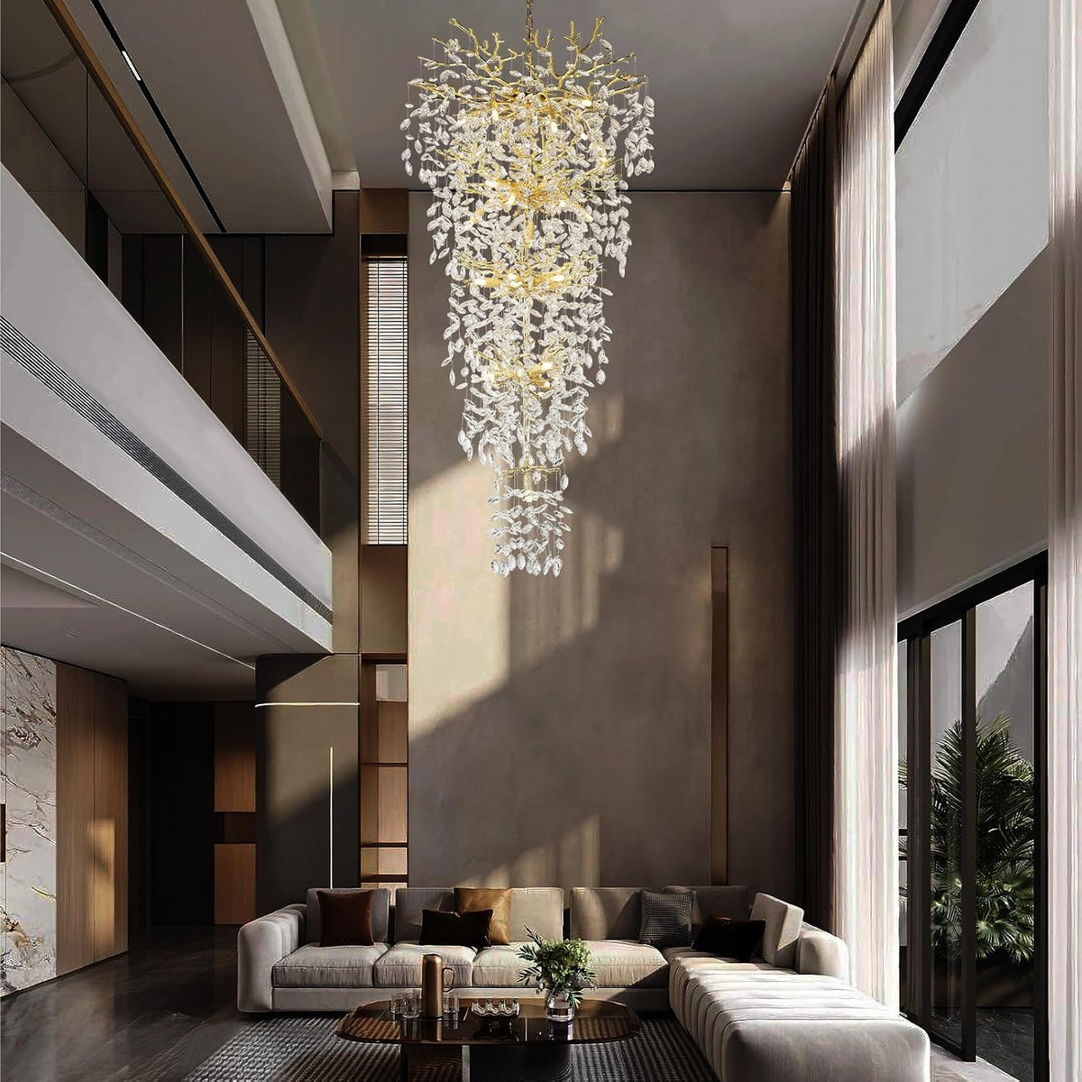 118'' Long Chandelier for High Ceiling, 28-Light Luxury Gold Tree Branch Crystal Chandelier, Large Chandeliers for High Ceilings Staircase Foyer Entryway, 5-Tier Modern K9 Crystal Raindrop Fixture