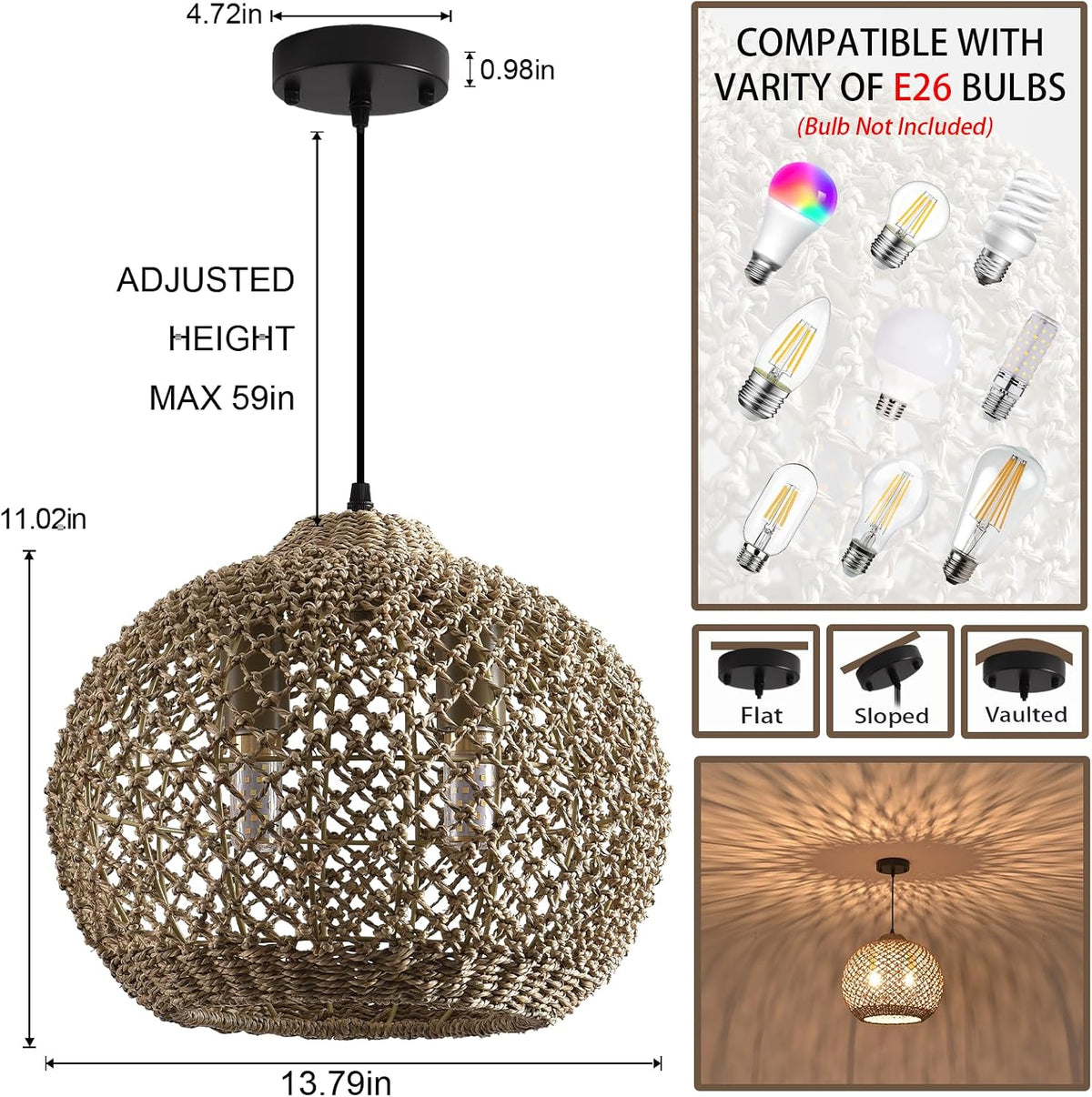 boho rattan pendant light fixture 13.79" 2-light wicker, side view