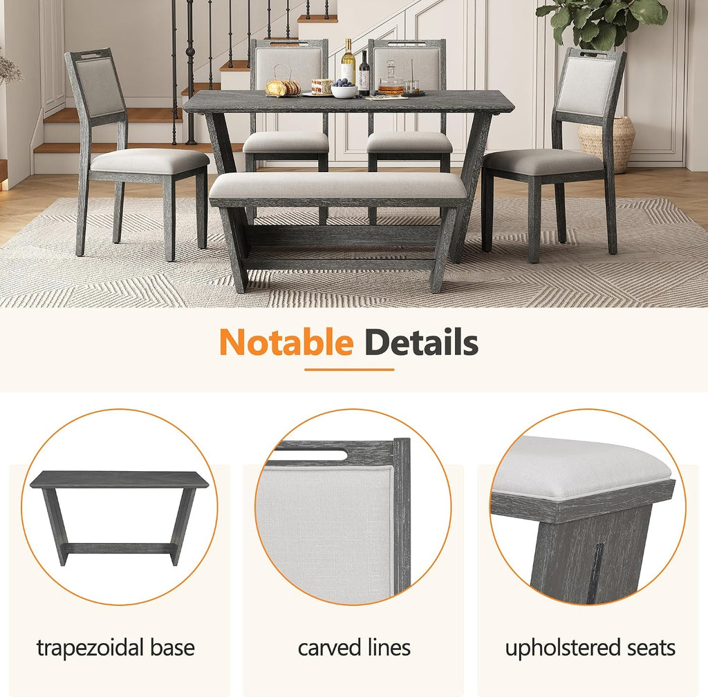 Merax 6-Piece Retro Dining Set, 1 Rectangular Table with Stable Trapezoidal Table Base and 4 Upholstered Chairs and 1 Bench for Dining Room and Kitchen, Antique Gray
