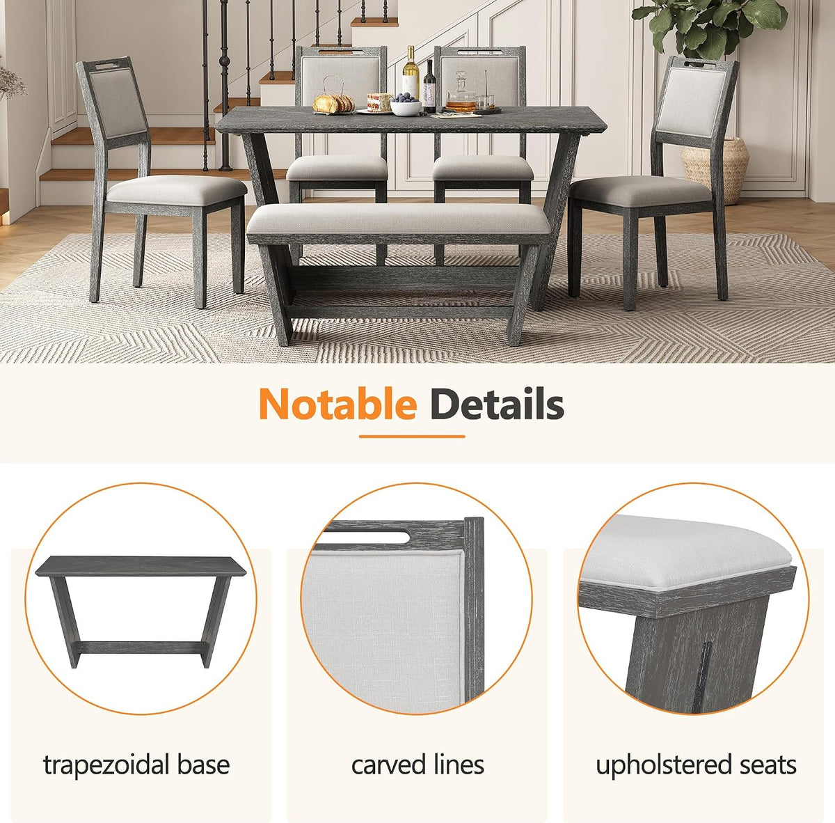 Merax 6-Piece Retro Dining Set, 1 Rectangular Table with Stable Trapezoidal Table Base and 4 Upholstered Chairs and 1 Bench for Dining Room and Kitchen, Antique Gray