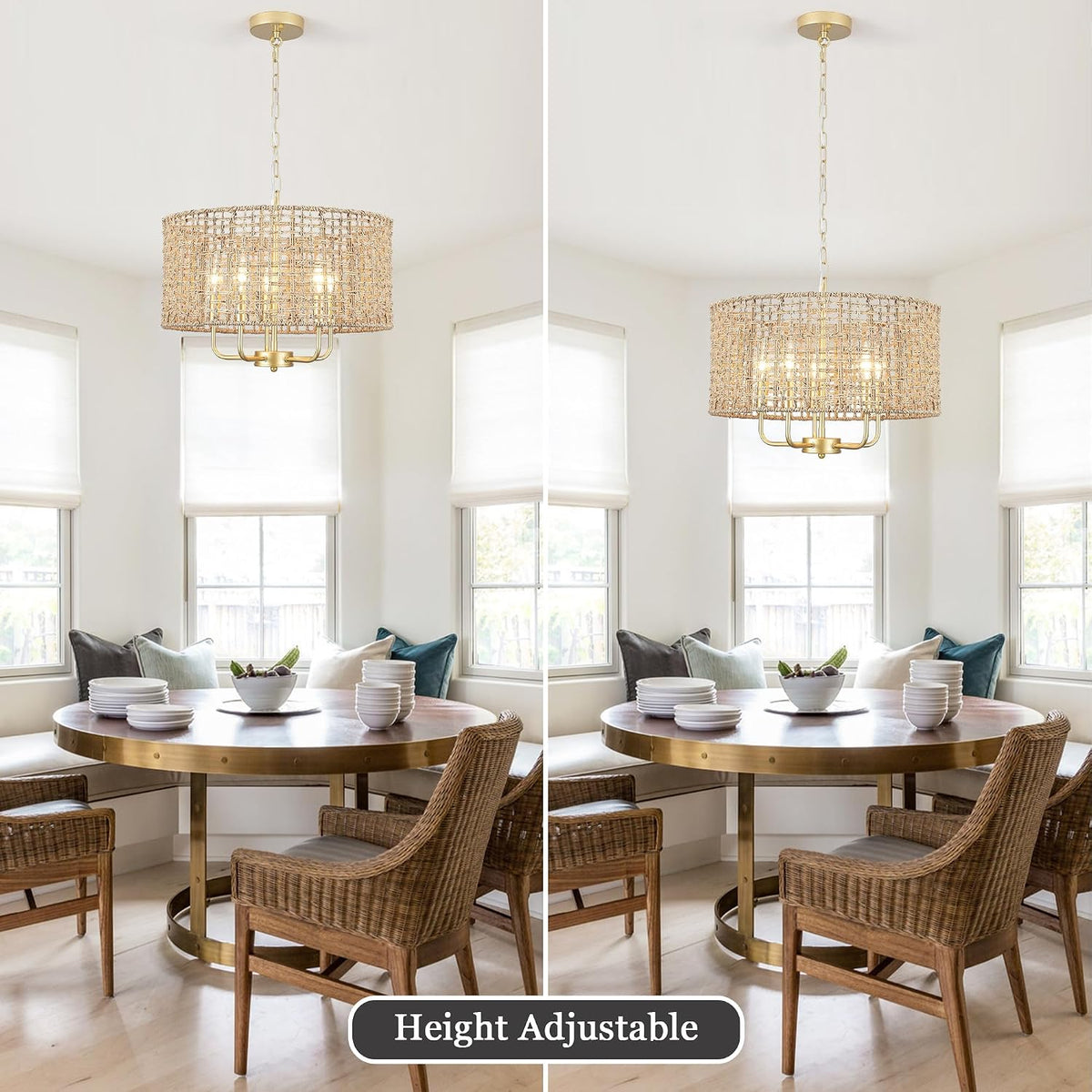 hand-woven rattan chandelier for dining room 18.8''farmhouse boho on a desk or shelf