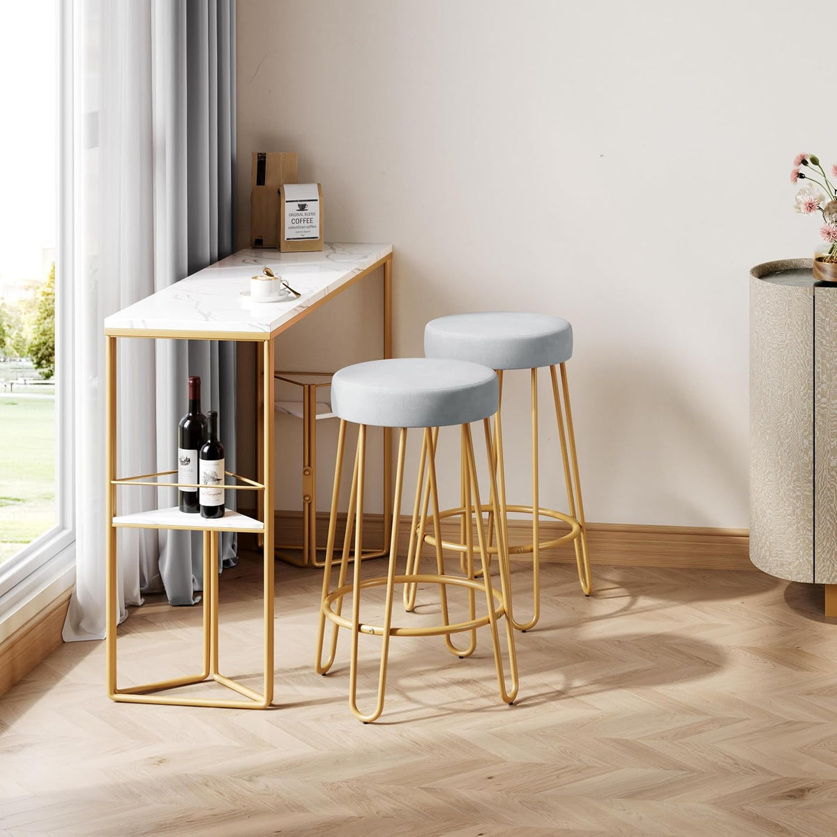 Yaheetech Bar Stools Set of 2, Velvet Counter Stools, Gold Metal Legs, Gray