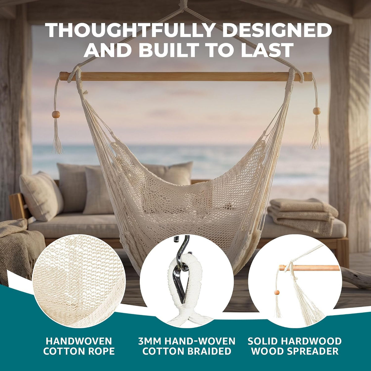 Bliss Hammocks Tahiti Rope Hammock Chair with Spreader Bar, Natural, 265 Lb