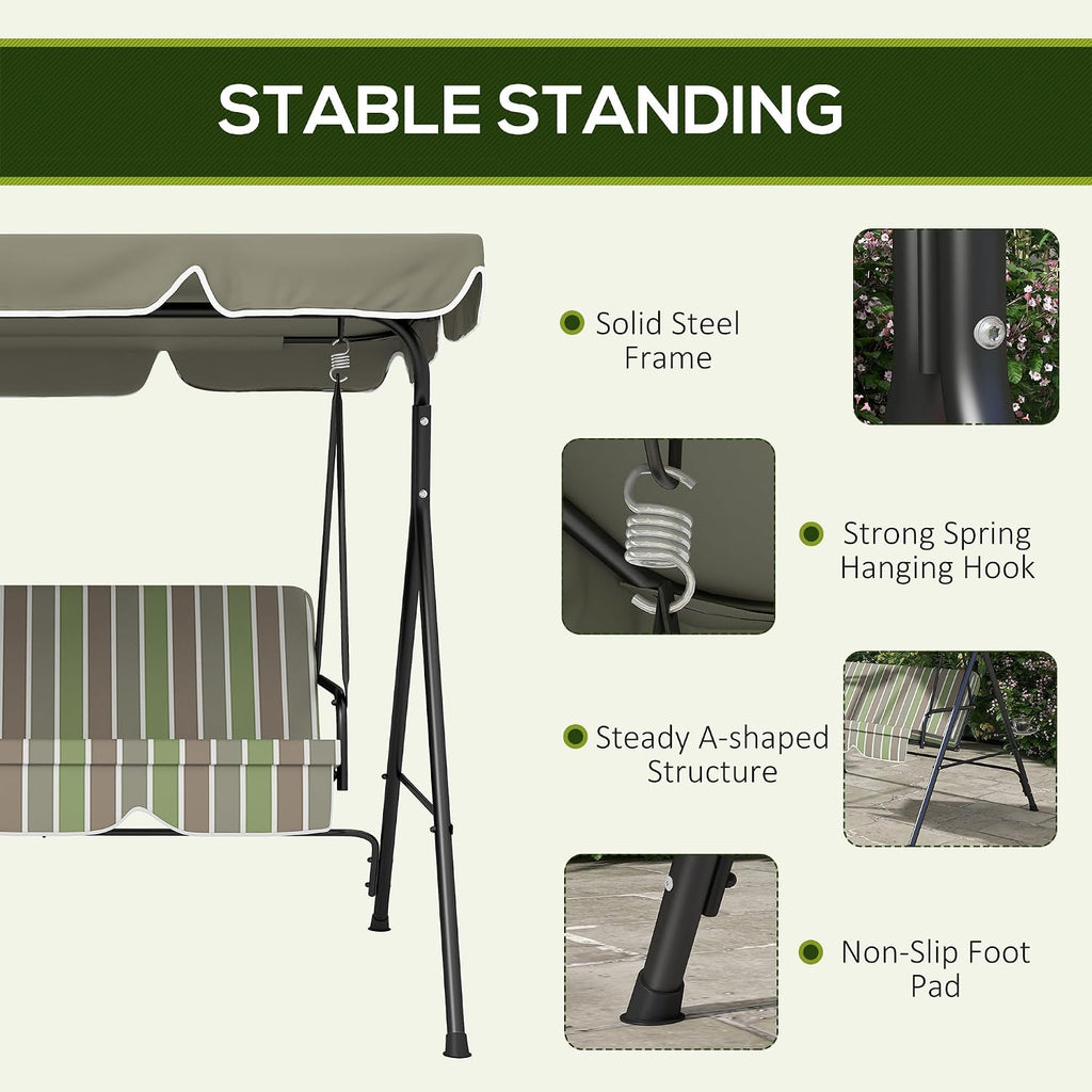 Outsunny 3-Person Porch Swing w/Stand Adjustable Tilt Canopy, Beige/Green