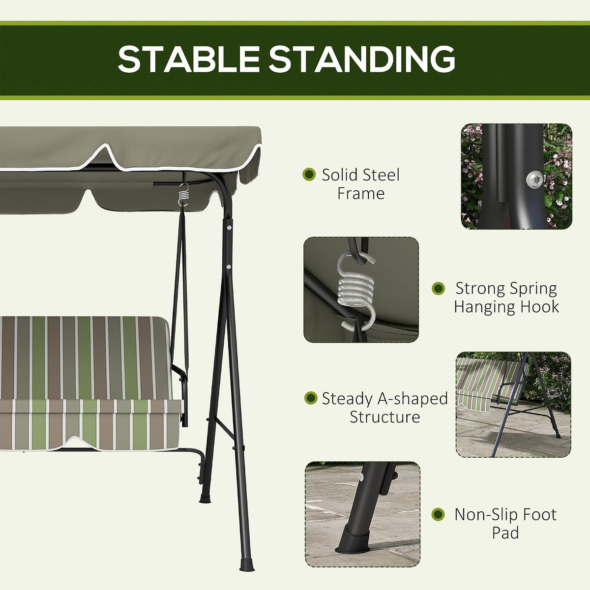 Outsunny 3-Person Porch Swing w/Stand Adjustable Tilt Canopy, Beige/Green