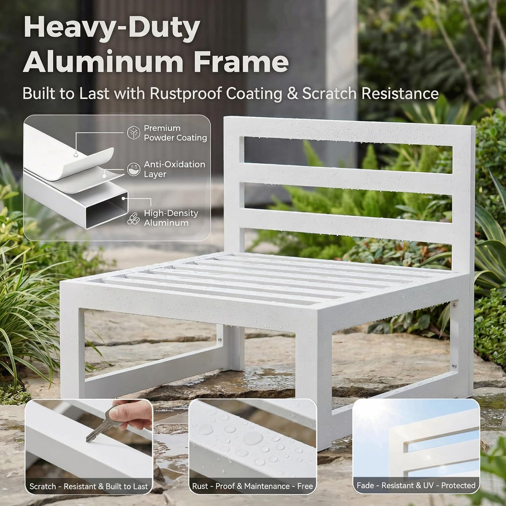 NICESOUL 7 Piece White Powder-Coated Aluminum Patio Furniture with Fire Pit Table, 29 Inch Extra Wide Outdoor Sectional Sofa for 6, High-End Heavy Duty L-Shaped Large Couch for Backyard, Light Gray