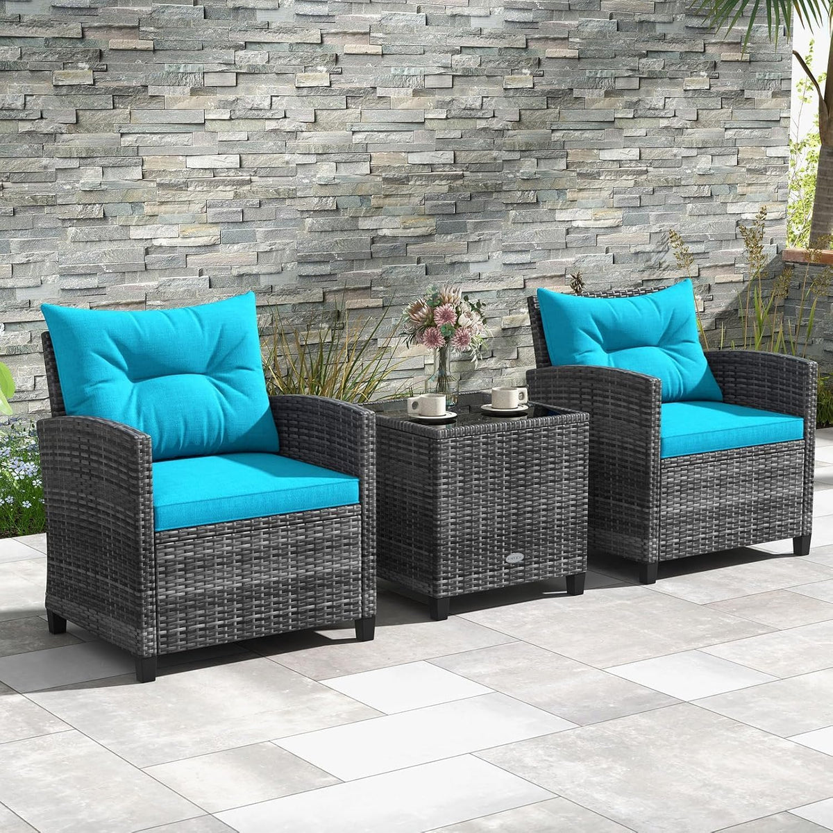 LDAILY Patio Furniture Set, 3 Pieces PE Rattan Wicker Patio Sofa Chairs with Washable Cushion & Glass Table, Outdoor Furniture Conversation Sets for Porch, Balcony, Garden, Poolside (Turquoise)