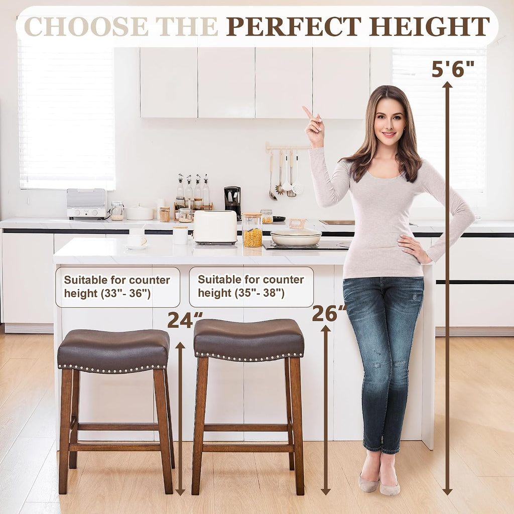 PrimeZone 26 Inch Solid Wood Saddle Backless Bar Stools Set of 2, Brown