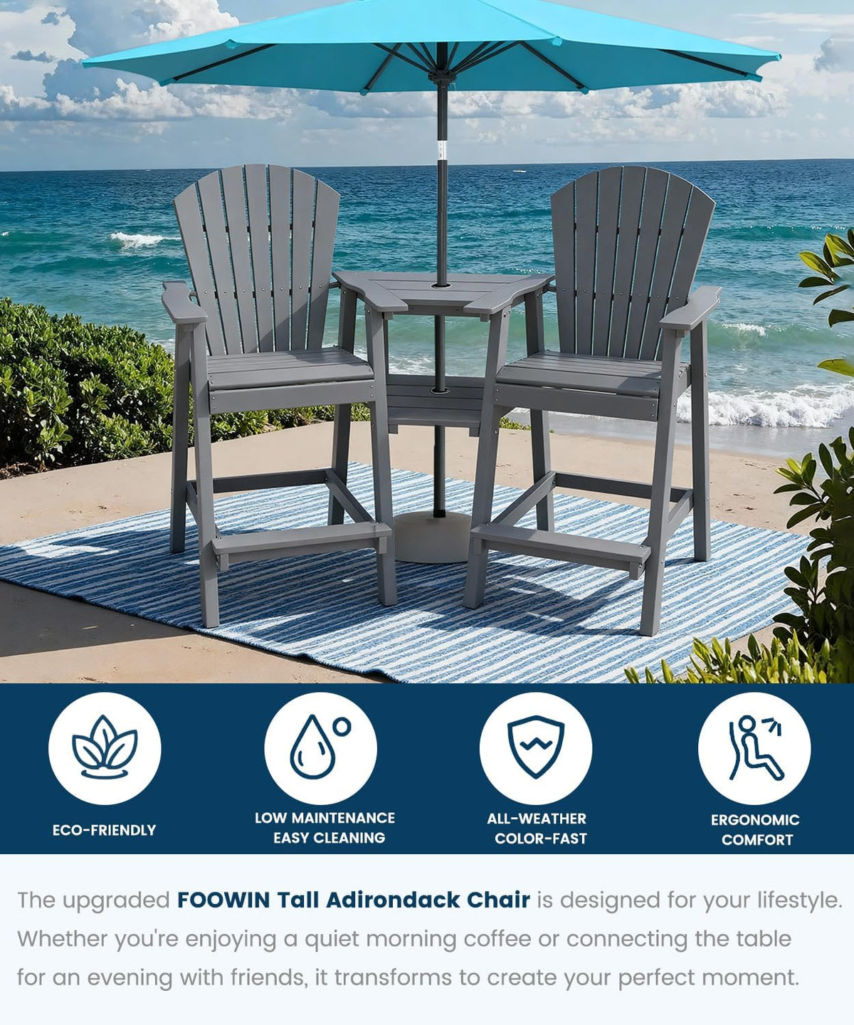 FOOWIN Tall Adirondack Chairs Set of 2 with Double Connecting Trays