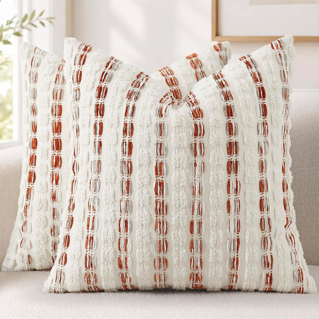 decorUhome Chenille Tufted Stripe Throw Pillow Covers 20x20 Set of 2 Orange