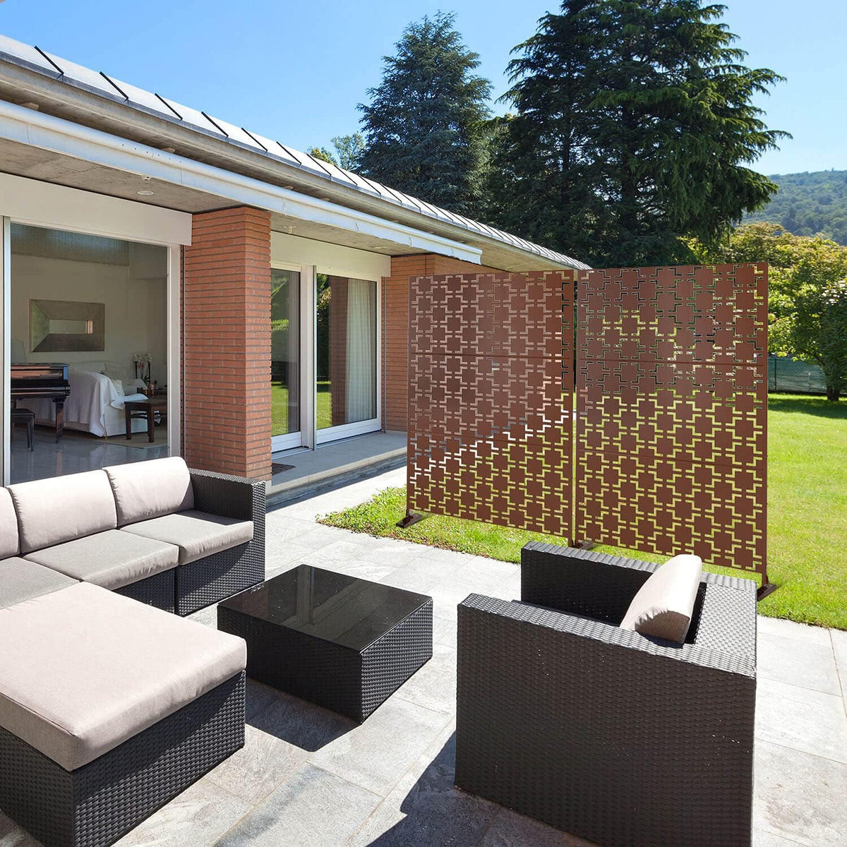 Elevens Patio Privacy Screen Balcony Decorative Screen Set with Stand, Outdoor Decor Privacy Fence Screen, Indoor Room Decorative Divider (Square-Brown)