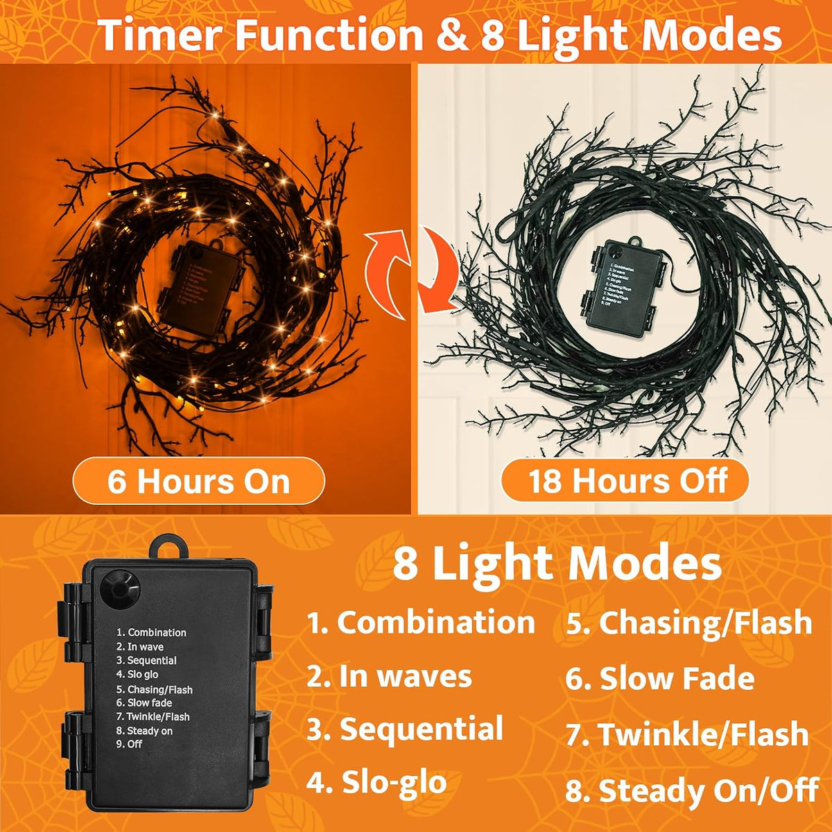 [8 Modes & Timer] 9 Ft Halloween Garland Willow Vine Twig Decor with 72 LED Orange Lights - Waterproof Battery Operated Indoor Wall Fireplace Decorations
