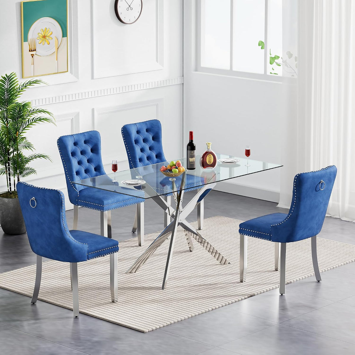 5 Piece Glass Dining Table Set Modern Glass Dining Table Set for 4, 51" Rectangular Kitchen Table and 4 Velvet Upholstered Chairs for Kitchen Dining Room, Silver Table & Blue Chair
