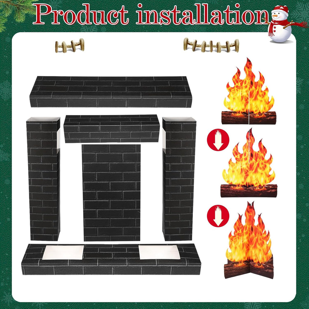 AmazingSpark 1 Set Christmas Corrugated Fireplace 35.5 x 29 x 8 Inch Cardboard Fireplace with 3D Fire Flame Prop 3D Life Size Cardboard Cutout Standup for Christmas Party Decorations (Black)